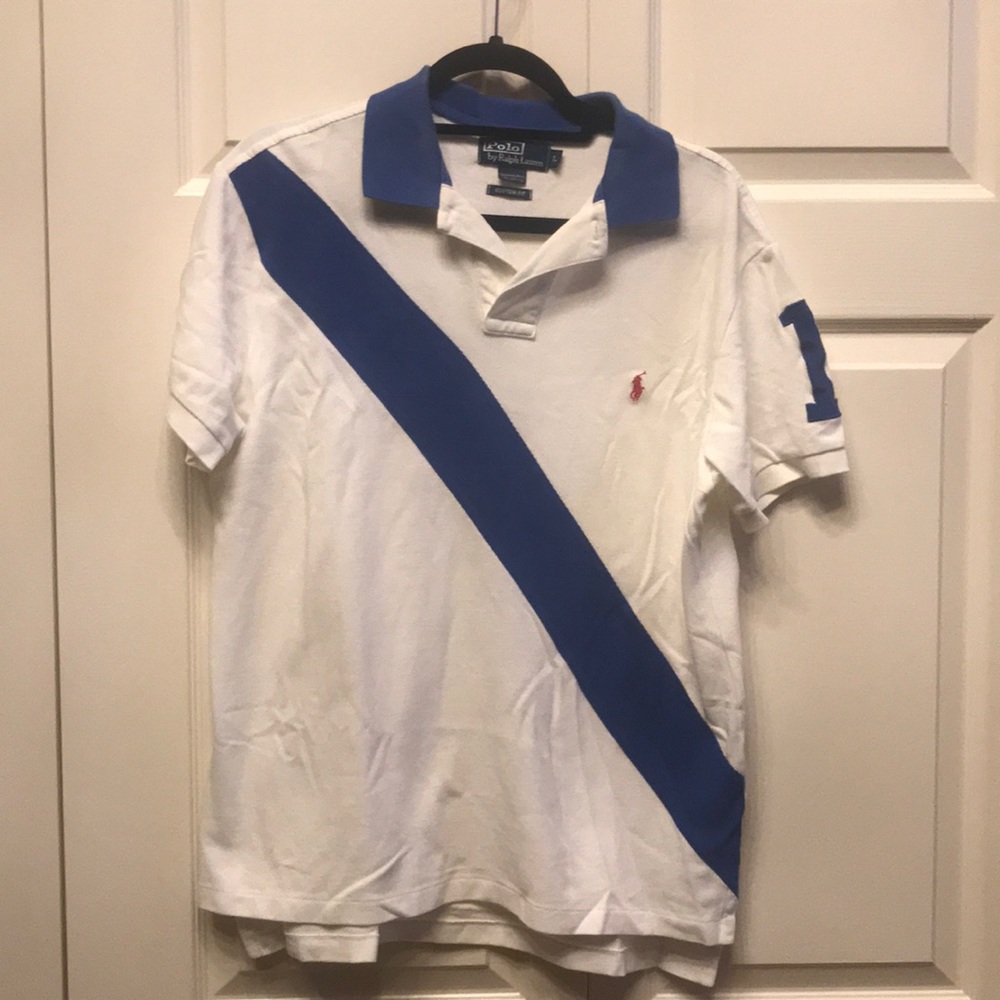 Men’s Polo- Ralph Lauren white with blue stripe